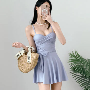 Monokini wrap skirt set  color belly-covering shirring resort vacation look