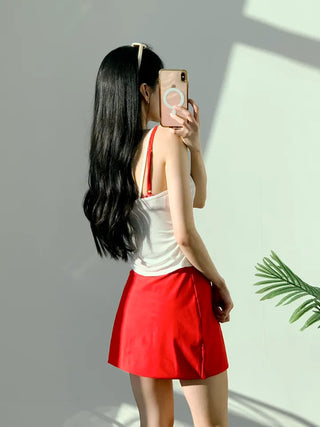 piece nasi skirt cover-up check bikini piece belly cover red swimsuit festival look vacation