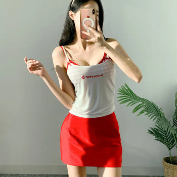 piece nasi skirt cover-up check bikini piece belly cover red swimsuit festival look vacation