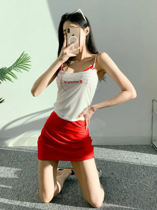 piece nasi skirt cover-up check bikini piece belly cover red swimsuit festival look vacation