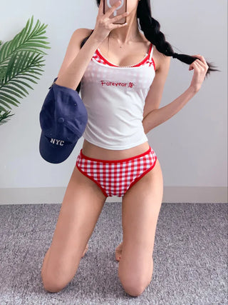 piece nasi skirt cover-up check bikini piece belly cover red swimsuit festival look vacation