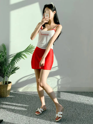 piece nasi skirt cover-up check bikini piece belly cover red swimsuit festival look vacation
