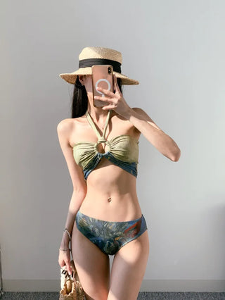 Famous painting three-piece bikini with 3pcs skirt included bikini pool party resort look high-quality swimsuit