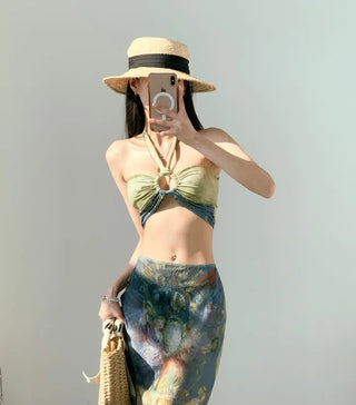 Famous painting three-piece bikini with 3pcs skirt included bikini pool party resort look high-quality swimsuit