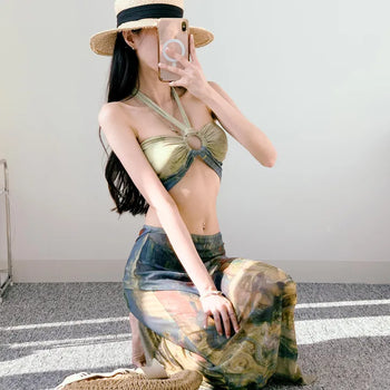 Famous painting three-piece bikini with 3pcs skirt included bikini pool party resort look high-quality swimsuit