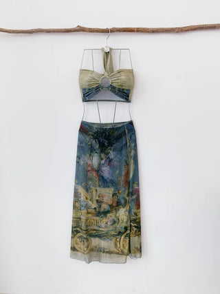 Famous painting three-piece bikini with 3pcs skirt included bikini pool party resort look high-quality swimsuit