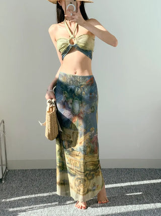 Famous painting three-piece bikini with 3pcs skirt included bikini pool party resort look high-quality swimsuit