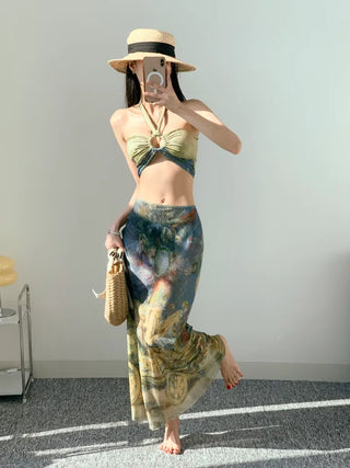 Famous painting three-piece bikini with 3pcs skirt included bikini pool party resort look high-quality swimsuit