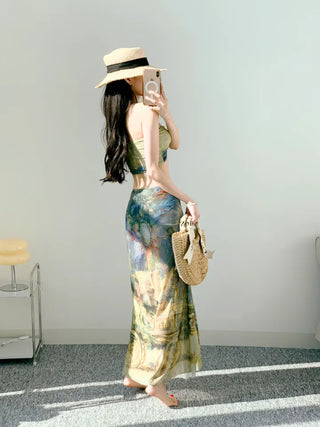 Famous painting three-piece bikini with 3pcs skirt included bikini pool party resort look high-quality swimsuit