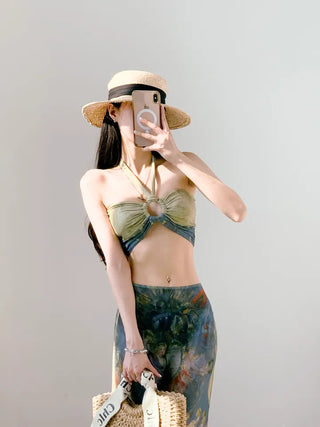 Famous painting three-piece bikini with 3pcs skirt included bikini pool party resort look high-quality swimsuit