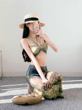 Famous painting three-piece bikini with 3pcs skirt included bikini pool party resort look high-quality swimsuit