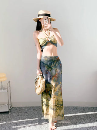 Famous painting three-piece bikini with 3pcs skirt included bikini pool party resort look high-quality swimsuit