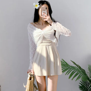One-piece swimsuit cardigan set with cover-up beige shirring straps and 2 pieces of lace underwear