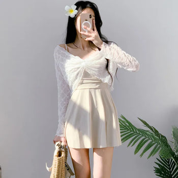 One-piece swimsuit cardigan set with cover-up beige shirring straps and 2 pieces of lace underwear