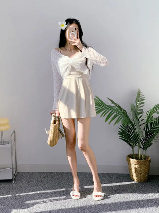One-piece swimsuit cardigan set with cover-up beige shirring straps and 2 pieces of lace underwear