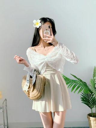 One-piece swimsuit cardigan set with cover-up beige shirring straps and 2 pieces of lace underwear