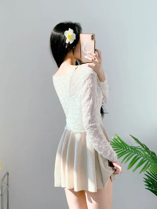 One-piece swimsuit cardigan set with cover-up beige shirring straps and 2 pieces of lace underwear