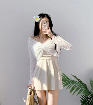 One-piece swimsuit cardigan set with cover-up beige shirring straps and 2 pieces of lace underwear