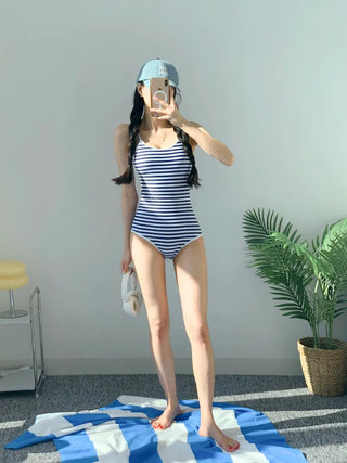 Striped back ribbon monokini swimsuit resort look vacation look staycation festival look swimsuit