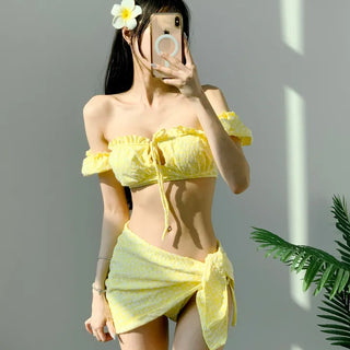 Short-sleeved off-shoulder bikini piece piece floral yellow ribbon swimsuit