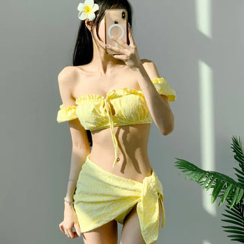Short-sleeved off-shoulder bikini piece piece floral yellow ribbon swimsuit