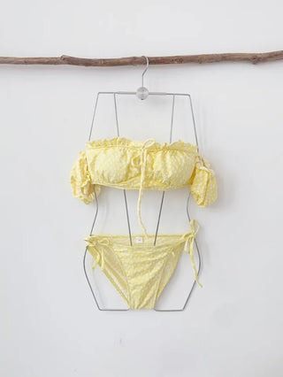 Short-sleeved off-shoulder bikini piece piece floral yellow ribbon swimsuit