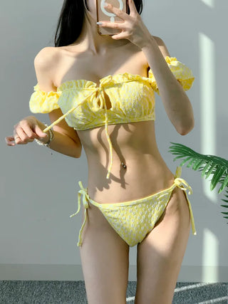 Short-sleeved off-shoulder bikini piece piece floral yellow ribbon swimsuit