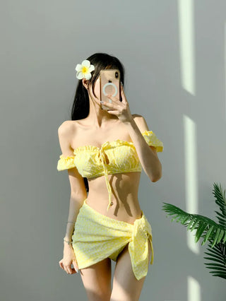 Short-sleeved off-shoulder bikini piece piece floral yellow ribbon swimsuit