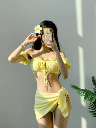 Short-sleeved off-shoulder bikini piece piece floral yellow ribbon swimsuit