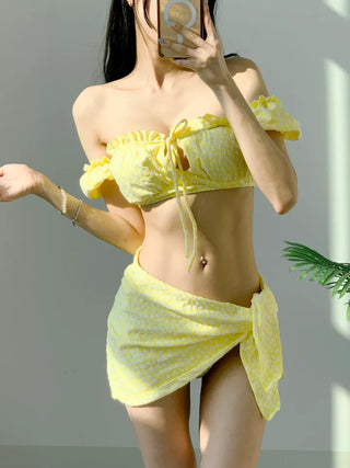 Short-sleeved off-shoulder bikini piece piece floral yellow ribbon swimsuit