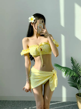 Short-sleeved off-shoulder bikini piece piece floral yellow ribbon swimsuit