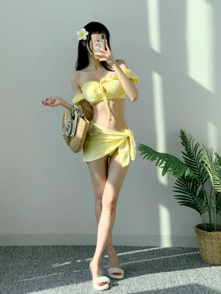 Short-sleeved off-shoulder bikini piece piece floral yellow ribbon swimsuit