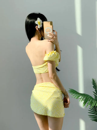 Short-sleeved off-shoulder bikini piece piece floral yellow ribbon swimsuit