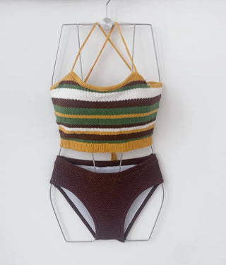 Knit Bikini Single-Brown Striped Strap Swimsuit