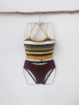 Knit Bikini Single-Brown Striped Strap Swimsuit