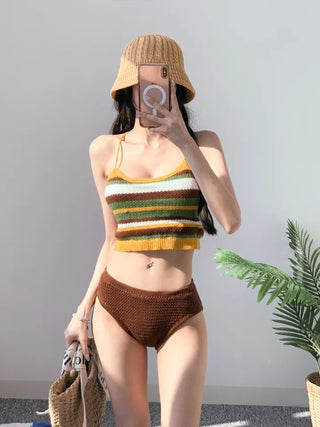 Knit Bikini Single-Brown Striped Strap Swimsuit