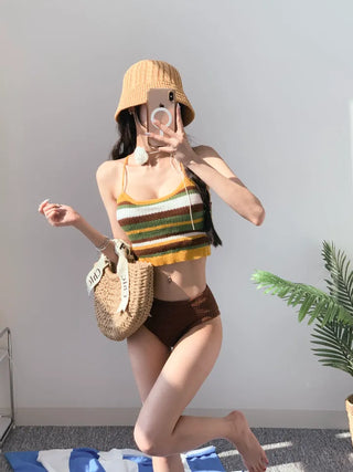 Knit Bikini Single-Brown Striped Strap Swimsuit