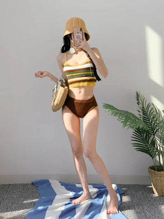 Knit Bikini Single-Brown Striped Strap Swimsuit