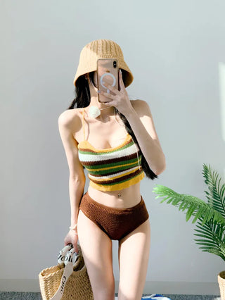 Knit Bikini Single-Brown Striped Strap Swimsuit
