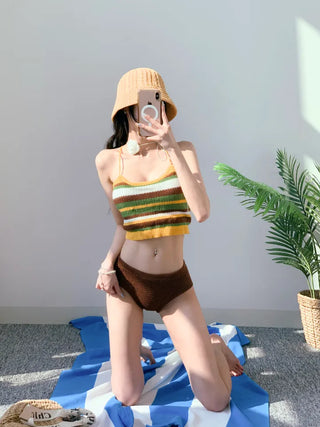 Knit Bikini Single-Brown Striped Strap Swimsuit