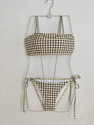 Checked tube top bikini strappy string low-rise loose fit resort vacation water park swimsuit