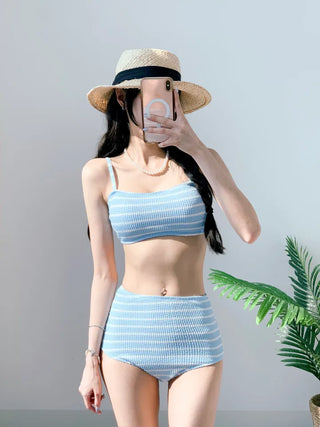 Belly Cover Soft Striped Bikini Single-Breasted Tube Top Tank Top Pink Sky Blue Swimsuit