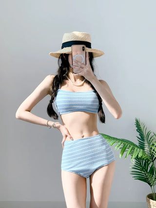 Belly Cover Soft Striped Bikini Single-Breasted Tube Top Tank Top Pink Sky Blue Swimsuit