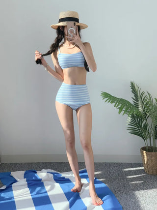 Belly Cover Soft Striped Bikini Single-Breasted Tube Top Tank Top Pink Sky Blue Swimsuit