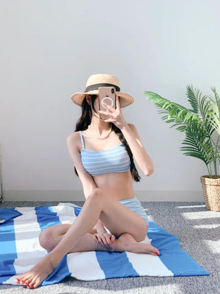 Belly Cover Soft Striped Bikini Single-Breasted Tube Top Tank Top Pink Sky Blue Swimsuit
