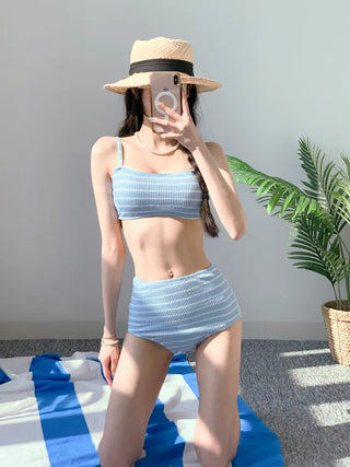 Belly Cover Soft Striped Bikini Single-Breasted Tube Top Tank Top Pink Sky Blue Swimsuit