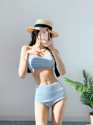 Belly Cover Soft Striped Bikini Single-Breasted Tube Top Tank Top Pink Sky Blue Swimsuit