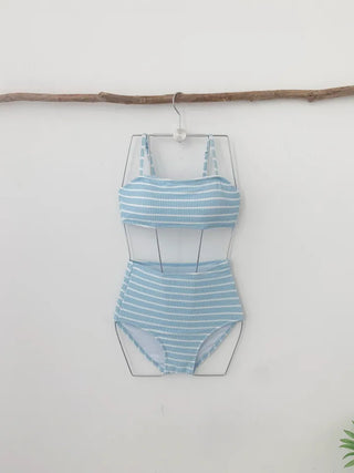 Belly Cover Soft Striped Bikini Single-Breasted Tube Top Tank Top Pink Sky Blue Swimsuit