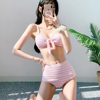 Belly Cover Soft Striped Bikini Single-Breasted Tube Top Tank Top Pink Sky Blue Swimsuit