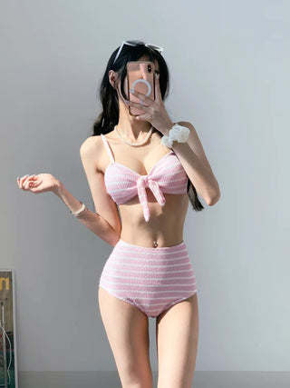 Belly Cover Soft Striped Bikini Single-Breasted Tube Top Tank Top Pink Sky Blue Swimsuit